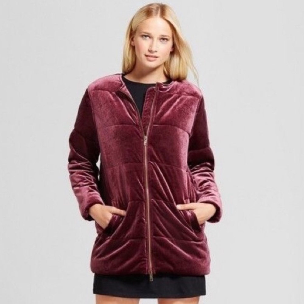 🧣Who What Wear Quilted Velour Puffer Jacket Women’s L Burgundy Pockets Cozy